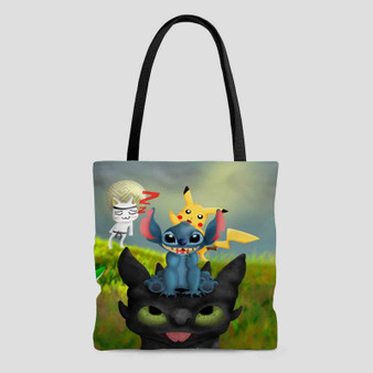 Pikachu Stitch and Toothless Custom Tote Bag AOP With Cotton Handle