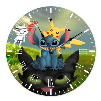 Pikachu Stitch and Toothless Custom Wall Clock Round Non-ticking Wooden