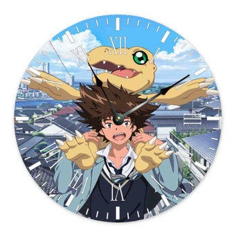 Taichi Yagami and Agumon Digimon Custom Wall Clock Round Non-ticking Wooden