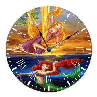 Tangled Rapunzel and Ariel Mermaid Disney Custom Wall Clock Round Non-ticking Wooden