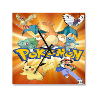 Ash and Pokemon Custom Wall Clock Square Wooden Silent Scaleless Black Pointers