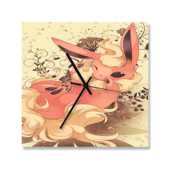 Flareon Pokemon Custom Wall Clock Square Wooden Silent Scaleless Black Pointers