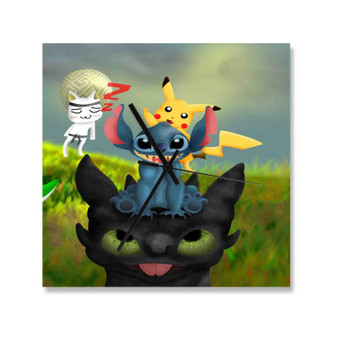 Pikachu Stitch and Toothless Custom Wall Clock Square Wooden Silent Scaleless Black Pointers
