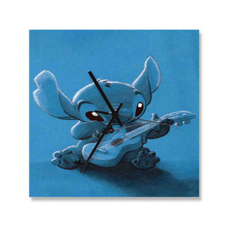 Stitch With Ukulele Custom Wall Clock Square Wooden Silent Scaleless Black Pointers