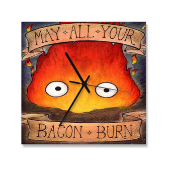 Studio Ghibli Calcifer Custom Wall Clock Square Wooden Silent Scaleless Black Pointers