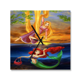 Tangled Rapunzel and Ariel Mermaid Disney Custom Wall Clock Square Wooden Silent Scaleless Black Pointers