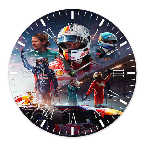 Sebastian Vettel F1 Round Non-ticking Wooden Wall Clock