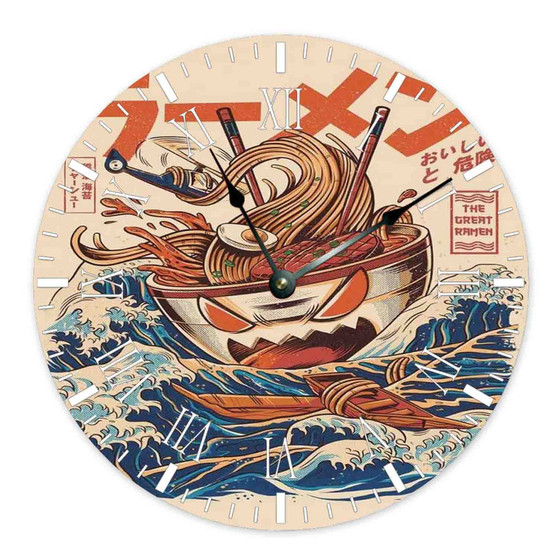 The Great Ramen off Kanagawa Round Non-ticking Wooden Wall Clock