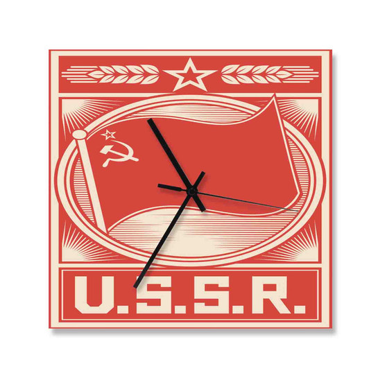 USSR Poster Square Silent Scaleless Wooden Wall Clock Black Pointers