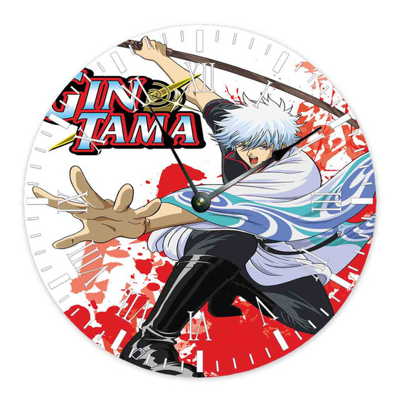 Gintama Custom Wall Clock Round Non-ticking Wooden Black Pointers