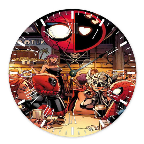 Superhero Drunk Spiderman Deadpool Wall Clock Round Non-ticking Wooden