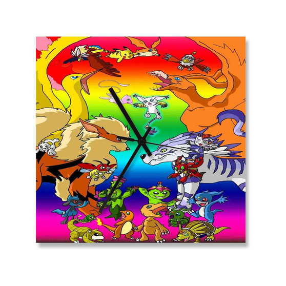 Digimon vs Pokemon Wall Clock Square Wooden Silent Scaleless Black Pointers