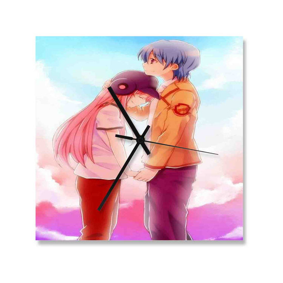 Yui and Hinata Angel Beats Wall Clock Square Wooden Silent Scaleless Black Pointers