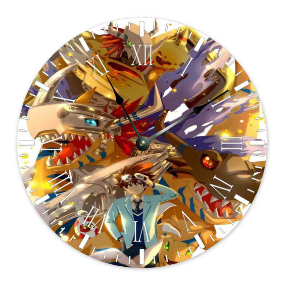 Digimon Raichi and Agumon Evolution Custom Wall Clock Round Non-ticking Wooden
