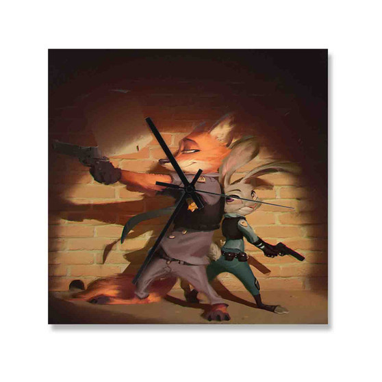 Nick Wilde and Judy Hopps Zootopia Custom Wall Clock Square Wooden Silent Scaleless Black Pointers