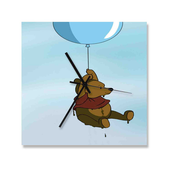 Winnie The Pooh Flying With Balloon Custom Wall Clock Square Wooden Silent Scaleless Black Pointers