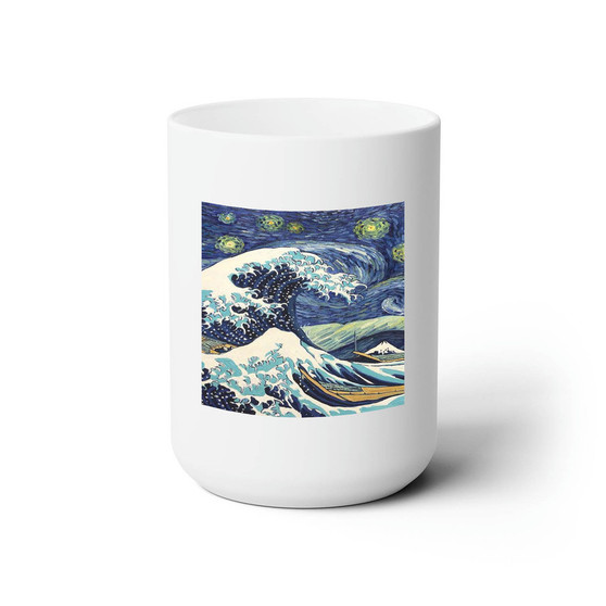 Starry Night Great Wave Custom White Ceramic Mug 15oz Sublimation BPA Free