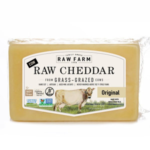 <span data-mce-fragment="1">Our <strong>Raw Farms Raw Cheddar</strong> has aged a minimum of 60 days and is truly traditional artisan raw cheddar. Made with Whole Raw Milk, each block is packed with bioavailable vitamins, minerals, enzymes, beneficial bacteria, naturally occurring CLA, and Omega-3 fatty acids.  Raw Cheddar's ease of digestibility gives those who experience discomfort with processed cheese products a delicious and natural option. No coloring was ever added. We believe in keeping our products TRULY raw, which involves never heating above 102° F. Many other so-called “raw” cheese are actually heated to temperatures just under the legal pasteurized temperature of 161° F, which denatures proteins, and enzymes, and kills beneficial bacteria that aid in the digestion of dairy.</span>