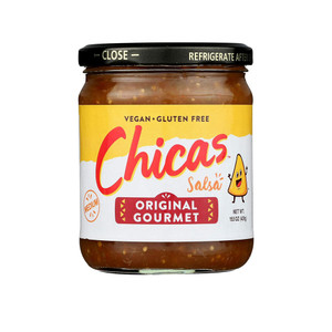 <p>Medium original Gourmet. <em>Try Me Hot, Try Me Cold, Eating Chips and Salsa Will Never Get Old. As A Marinade, As A Dip, Chicas Salsa Is Sure To Be A Hit!</em></p>
<p>Crafted from a longtime family recipe, Chicas Original Gourmet Salsa brings authentic flavors to any family gathering, while being gluten free and vegan. A blend of the finest red tomatoes and green tomatillos, with a touch of mango for a little sweet, and a little habanero for just the right kick tastes like homemade. Package in a jar with vibrant, playful graphics, and Chicas Original Gourmet Salsa will be a standout in your snack section.</p>