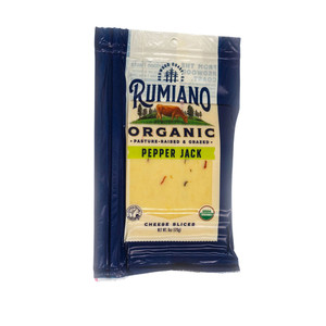 <span data-mce-fragment="1">Our <strong>Rumiano Organic Pepper Jack</strong> is a semi-hard cheese that has a mildly spicy flavor and a creamy texture.  It is made from a blend of our Rumiano Organic Monterey Jack cheese and spicy red and green jalapeno peppers, which give it a unique taste profile.  This cheese is white in color with small flakes of red and green jalapenos visible throughout.  It is often used in Mexican-style dishes, sandwiches, and burgers for added flavor and heat.  Overall, Pepper Jack is a delicious and versatile cheese that adds a spicy kick to any dish.</span>