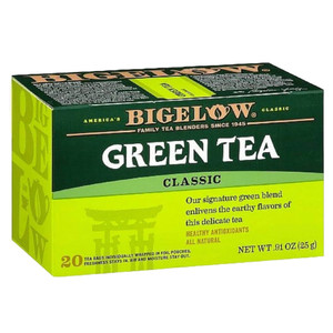 Our green tea has been carefully selected by the Bigelow family to deliver an uncompromised quality tea experience. Our smooth and delicate signature green tea is easy to drink and never too harsh or grassy. One sip and you will taste the difference.<br data-mce-fragment="1"><br data-mce-fragment="1"><strong>Ingredients:</strong> Green tea.<br data-mce-fragment="1"><br data-mce-fragment="1"><strong>Nutrition Facts % of Daily Value</strong><br data-mce-fragment="1">Amount Per Serving 8 Fluid Ounces <br data-mce-fragment="1">Calcium 0 mg 0%<br data-mce-fragment="1">Calories 0 cal 0%<br data-mce-fragment="1">Calories from Fat 0 cal 0%<br data-mce-fragment="1">Carbohydrate 0 gram 0%<br data-mce-fragment="1">Dietary Fiber 0 gram 0%<br data-mce-fragment="1">Iron 0 mg 0%<br data-mce-fragment="1">Potassium 10 mg 0%<br data-mce-fragment="1">Protein 0gram 0%<br data-mce-fragment="1">Sodium 0 mg 0%<br data-mce-fragment="1">Sugar 0 gram 0%<br data-mce-fragment="1">Total Fat 0 gram 0%<br data-mce-fragment="1">Vitamin A 0 mcg 0%<br data-mce-fragment="1">Vitamin C 0 mg 0%<br data-mce-fragment="1">Zinc 0%<br data-mce-fragment="1"><br data-mce-fragment="1"><strong>Flavor Profile</strong><br data-mce-fragment="1">Taste Profile: Slightly vegetal character.<br data-mce-fragment="1">Aroma: Delicate earthy aroma.<br data-mce-fragment="1">Liquor: Golden Honey.<br data-mce-fragment="1"><br data-mce-fragment="1"><strong>Caff-O-Meter</strong><br data-mce-fragment="1">25-50 mg Caffeine content per serving.<br data-mce-fragment="1"><br data-mce-fragment="1">Quantity: 20 x .91 oz Bags.