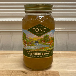 <span data-mce-fragment="1">Beef up your pantry with our new unflavored beef bone broth. 24 ounces of the most nutrient dense bone broth on the market. FOND is the only certified Regenerative Bone Broth on the market. We are Land to Market certified and only use grass-fed and finished, regeneratively-sourced, bones to make our delicious beef bone broth made from just bones, water, and salt. No added flavor from vegetables, herbs, or spices add this to any and all recipes. It fits with any dietary lifestyle, whether you follow carnivore, low-FODMAP, or AIP, this bone broth is here to nourish you! Perfect in a mug or in a meal. This unflavored beef bone broth comes in a larger, 24 ounce jar, whereas our bone broth tonics come in a 14 ounce jar, and it's lower in sodium for those watching their salt intake. How to use: Our unflavored beef bone broth is your new ultimate cooking companion. Use it in place of water in any recipe. Refrigerate after opening and use within 7 days.</span>