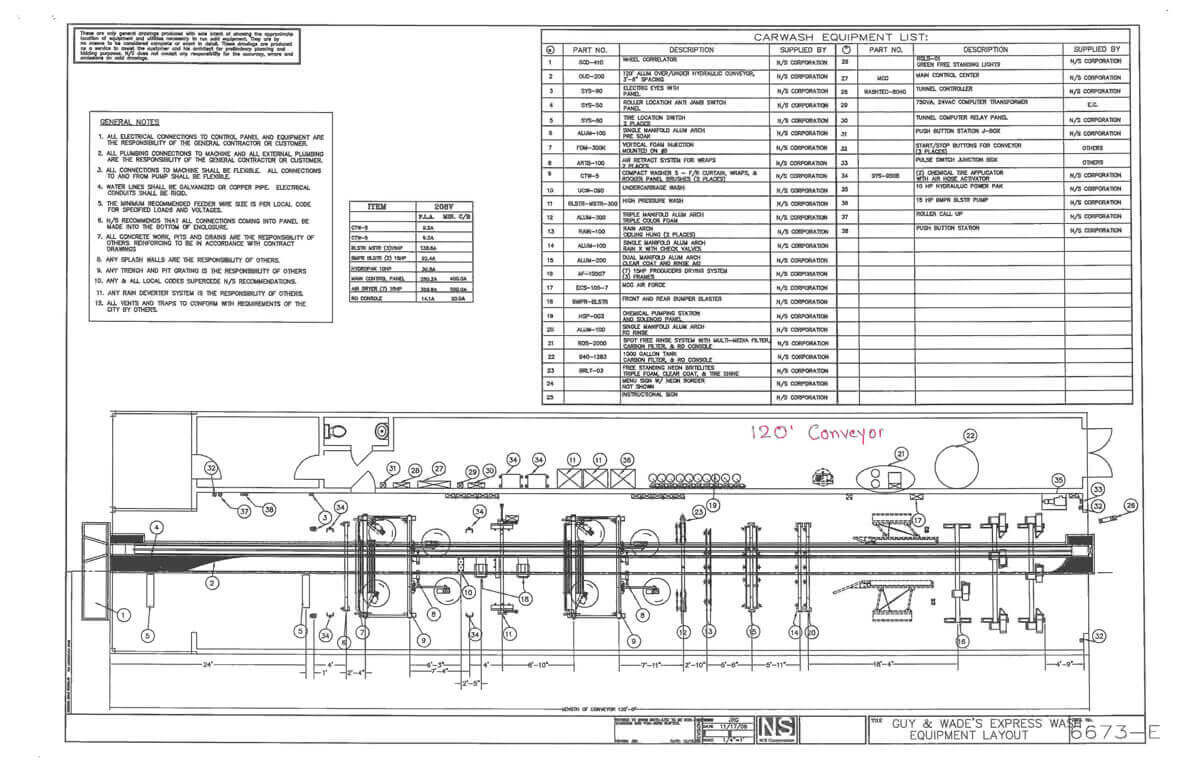 Technical drawing for a 120-foot tunnel car wash with a front wheel-pull conveyor.