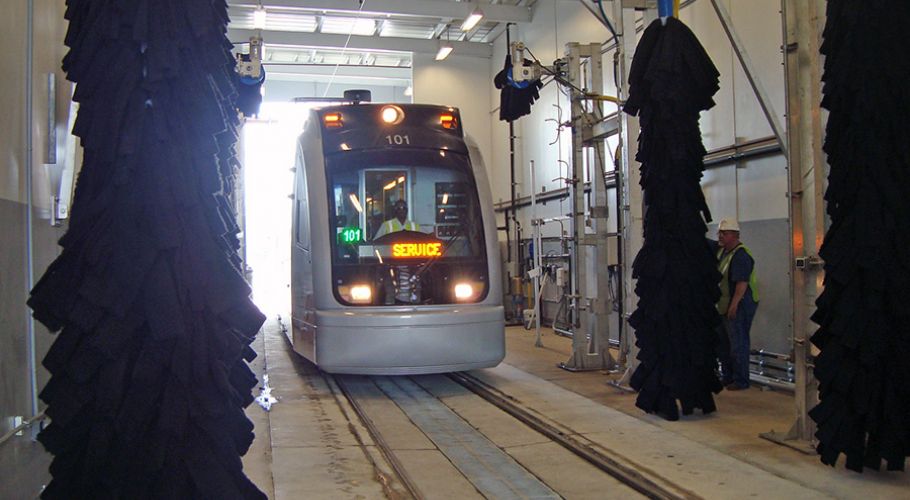 Train entering train wash system.