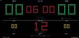 Scoreboard shown with led light for home/guest score, game clock, shot clock and fouls.