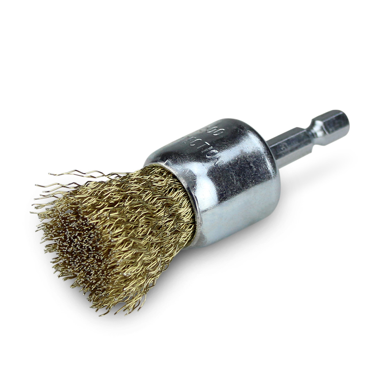 1” Crimped Wire End Brush - 1/4” Hex Shank (Brass Coated)