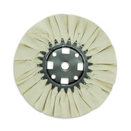 8 inch untreated airway buffing wheel with pleated cotton layers attached to a steel center plate