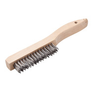 Close-up of the 10-1/4" Carbon Steel Wire Scratch Brush with a wood shoe handle, showing the dense 4x16 row bristle configuration for aggressive manual cleaning