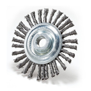 5" steel stringer bead wire wheel with 5/8-11 hub for angle grinders, ideal for weld cleaning.