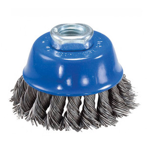 Heavy-duty 5-inch carbon steel knot cup brush with a 5/8″–11 threaded arbor, perfect for aggressive surface preparation and deburring