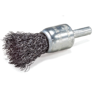 Close-up of a 1-inch crimped steel wire end brush with a 1/4-inch shank, featuring dense, durable bristles for heavy-duty industrial cleaning and deburring