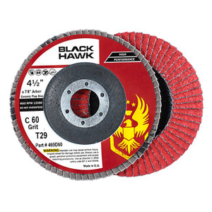 Two Black Hawk 4-1/2" x 7/8" 60 grit T29 high performance ceramic flap discs for angle grinders.