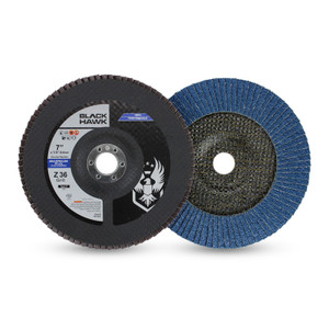 Pair of 7-inch Black Hawk Zirconia Flap Discs, showing the black top label (T27, 36 Grit) and the blue Zirconia abrasive flap side.