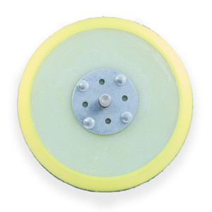 Top view of a 6-inch hook-and-loop backing pad featuring a foam edge and central metal attachment plate