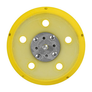 Yellow 5-inch 5-hole medium-density DA sander backing pad, featuring a hook-and-loop surface for standard sanding applications