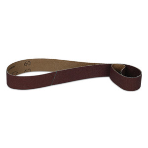 Coiled 1/2" x 24" aluminum oxide abrasive belt, highlighting the rough grit surface for efficient material removal