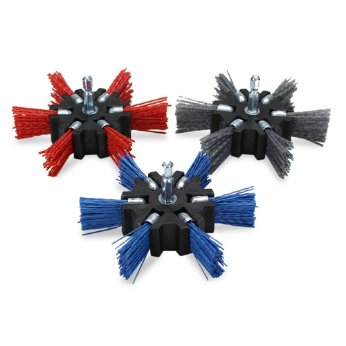 Three 4 inch strip flap brushes - Red, gray, and blue nylon filaments