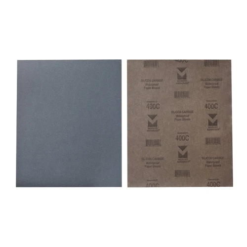 Front and back of 9x11 gray silicon carbide wet-dry sandpaper sheets, showing the abrasive texture for versatile sanding tasks