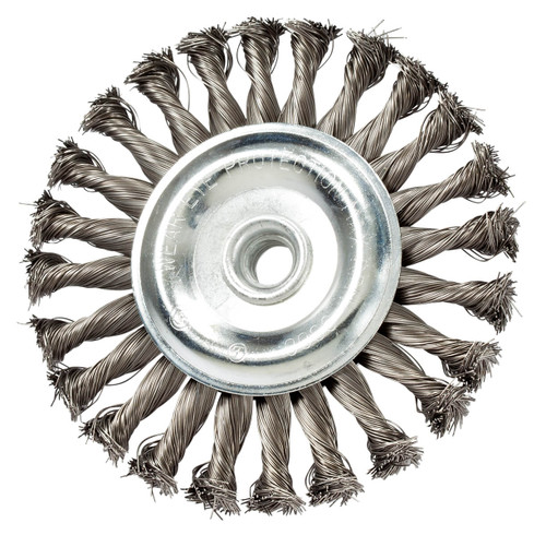 5 inch carbon steel knot wheel wire brush, 5/8-11 hub, for angle grinders.