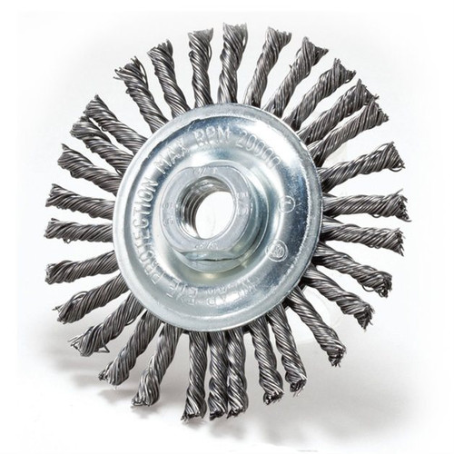 6" steel stringer bead wire wheel with 5/8-11 hub for angle grinders, ideal for weld cleaning.