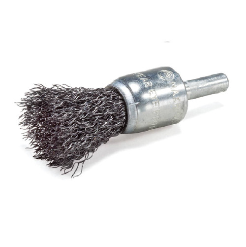 3/4 inch carbon steel crimped end brush, featuring wavy wire bristles suitable for precise cleaning, deburring, and surface preparatio