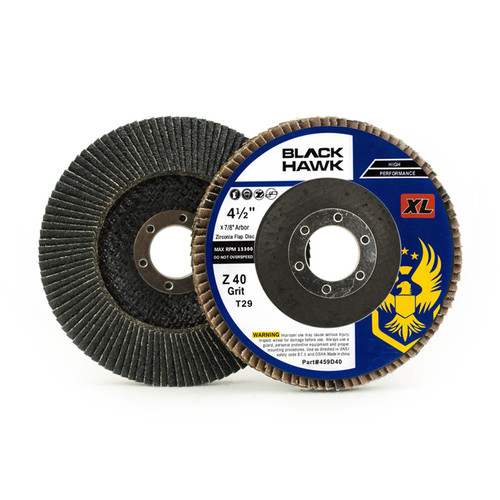 Front and back view of a 4-1/2 inch 40 grit Jumbo Type 29 zirconia flap disc