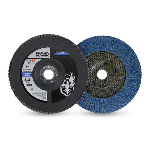 Pair of 7-inch Black Hawk Zirconia Flap Discs, showing the black top label (T27, 36 Grit) and the blue Zirconia abrasive flap side.