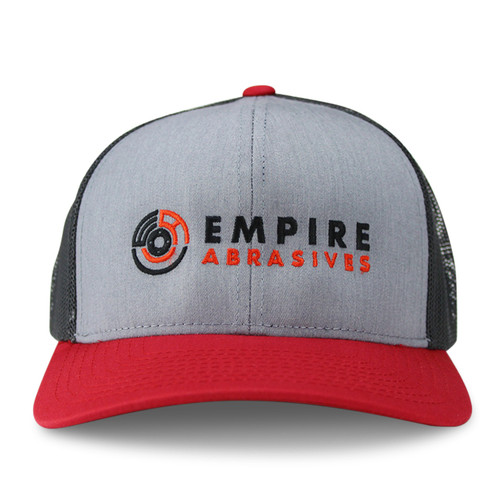 Empire Abrasives grey front, black mesh back, red brim snapback trucker hat with embroidered flap disc logo.
