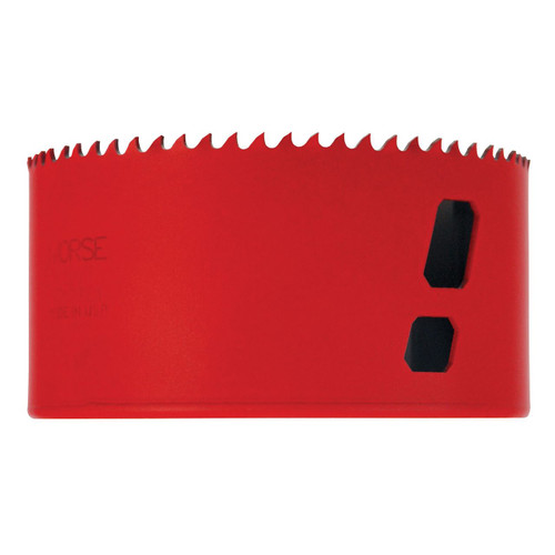 Red 4-inch Morse Advanced Bi-Metal Hole Saw, USA-made, with cutting teeth & slug removal slots.
