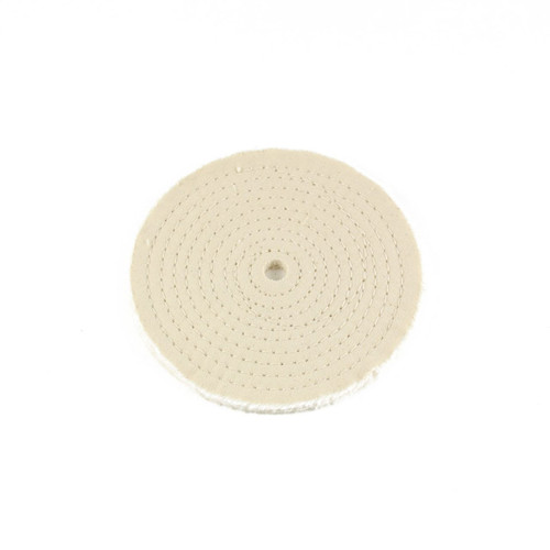 Top-down view of the 6-inch diameter, 20-ply spiral sewn muslin buffing wheel, clearly showing the 1/2-inch arbor hole and the stitching for rigid cutting and polishing.